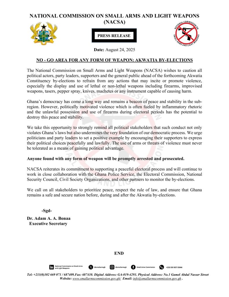 PRESS RELEASE: NO - GO AREA FOR ANY FORM OF WEAPON: AKWATIA BY-ELECTIONS