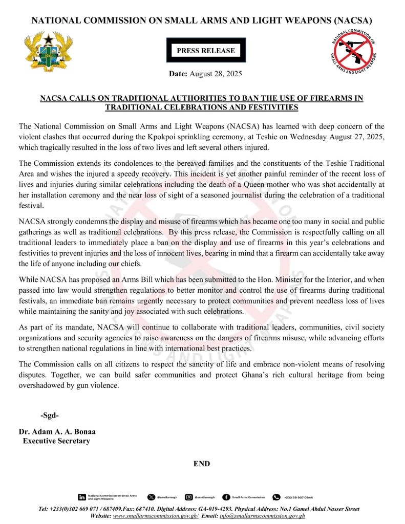 NACSA CALLS ON TRADITIONAL AUTHORITIES TO BAN THE USE OF FIREARMS IN TRADITIONAL CELEBRATIONS AND FESTIVITIES