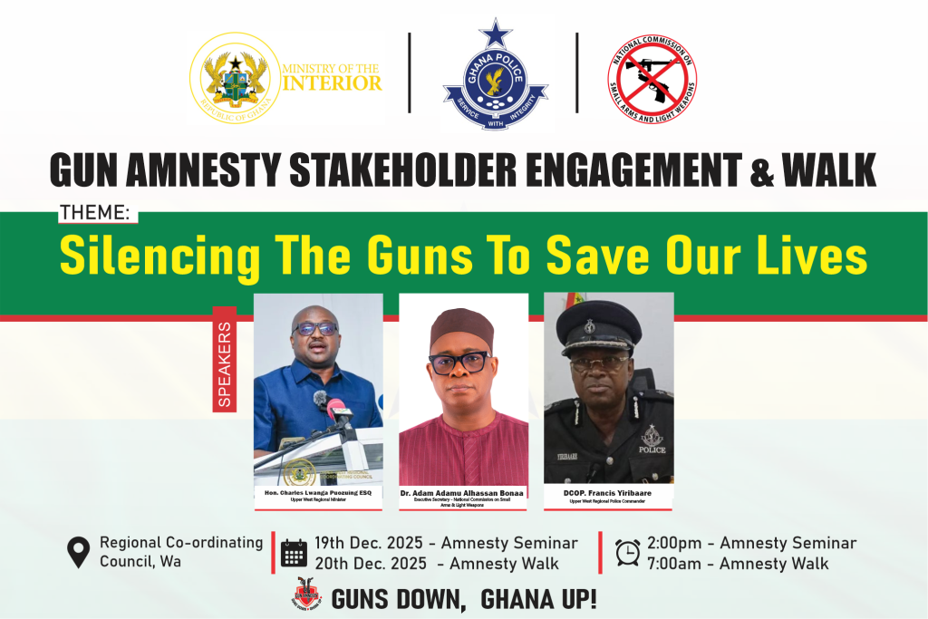 As part of ongoing efforts to reduce the proliferation of illicit firearms and the high incidence of gun related violence in the country through the Gun Amnesty Programme (GAP), the National Commission on Small Arms and Light Weapons (NACSA) will host a stakeholder engagement and an Amnesty Walk in Wa in the Upper West Region.